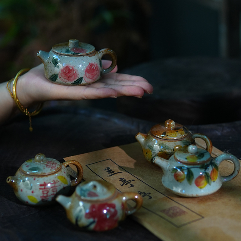 Ceainic în formă de pește-puffer și ceainic în formă de pepene, set mini ceramic pentru ceai, pictură manuală