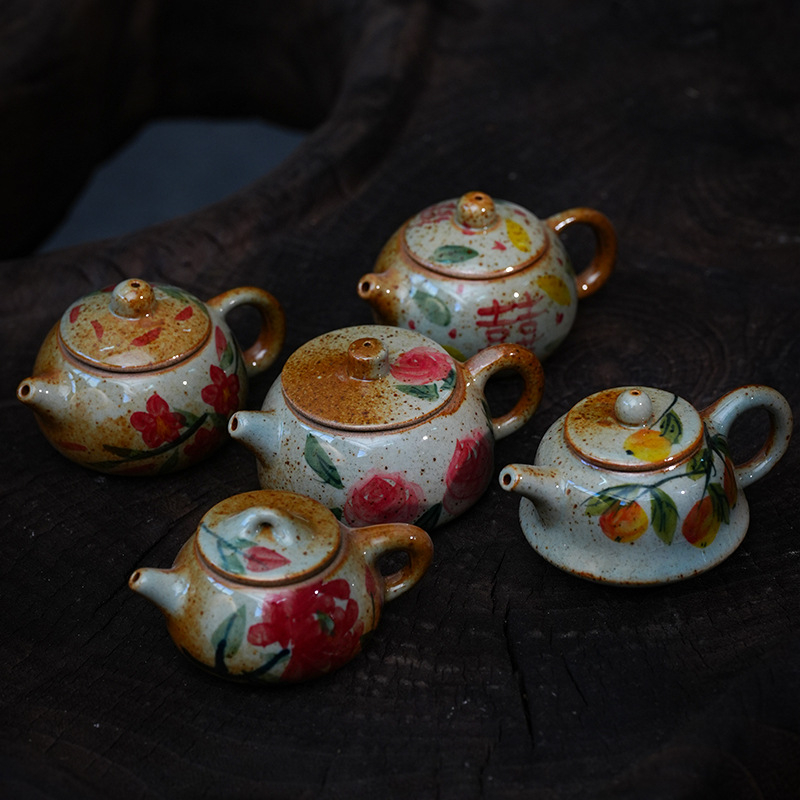 Ceainic în formă de pește-puffer și ceainic în formă de pepene, set mini ceramic pentru ceai, pictură manuală
