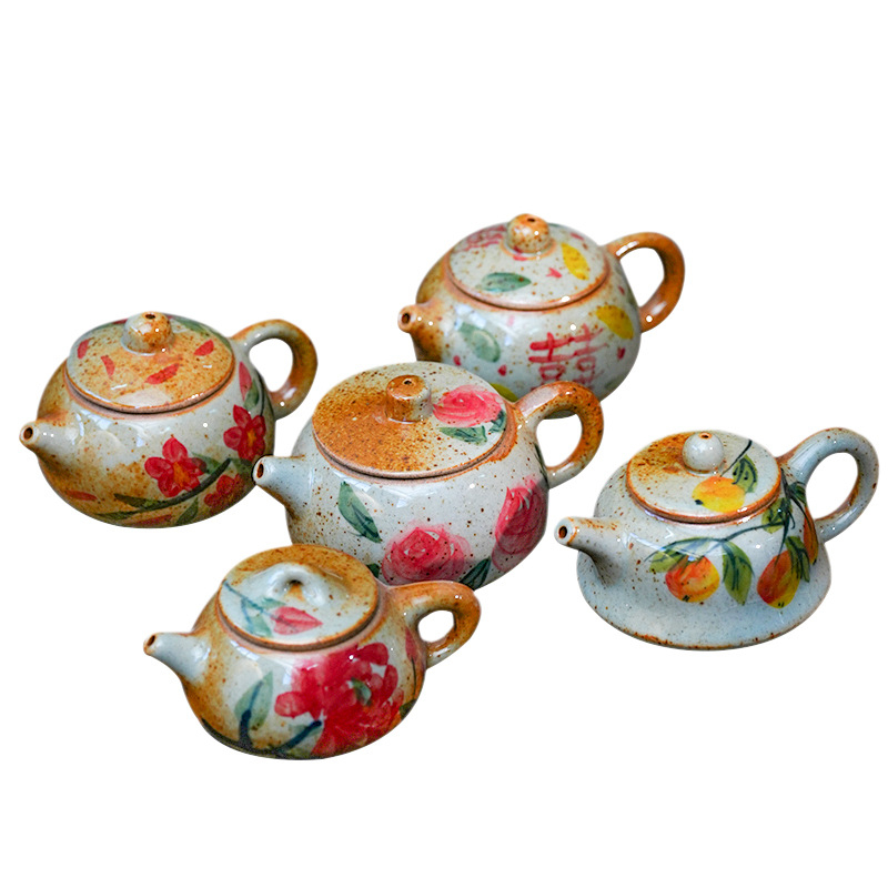 Ceainic în formă de pește-puffer și ceainic în formă de pepene, set mini ceramic pentru ceai, pictură manuală