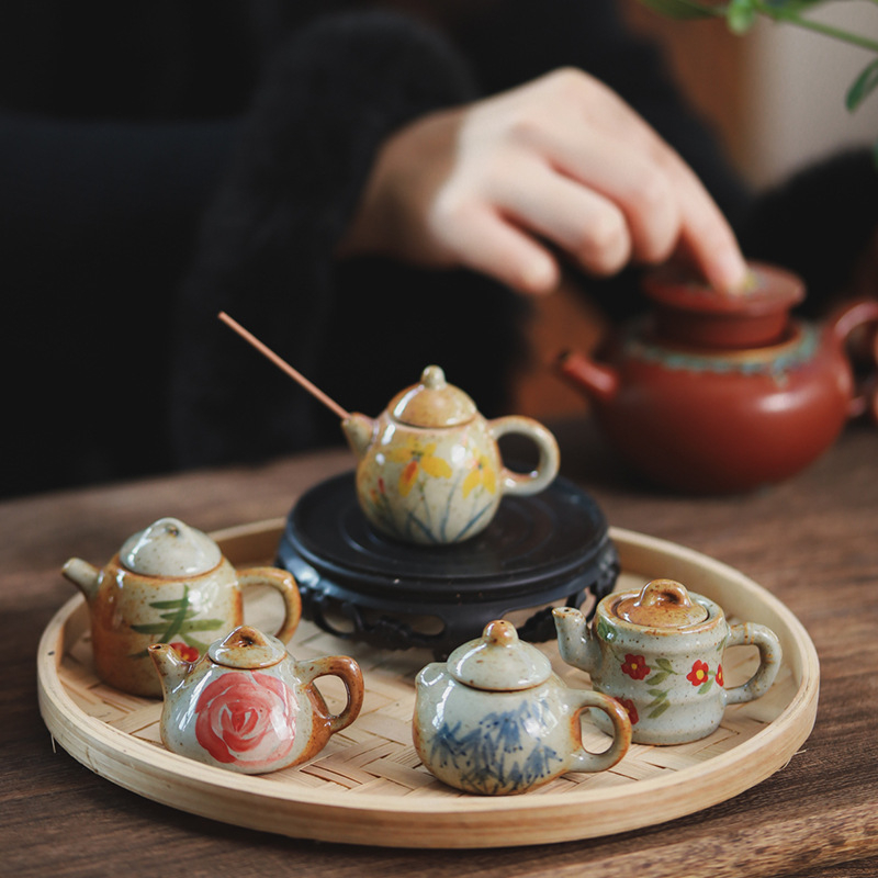 Ceainic în formă de pește-puffer și ceainic în formă de pepene, set mini ceramic pentru ceai, pictură manuală