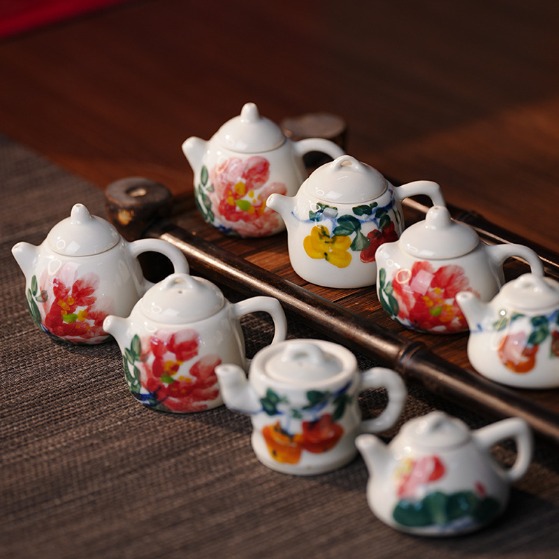 Ceainic în formă de pește-puffer și ceainic în formă de pepene, set mini ceramic pentru ceai, pictură manuală