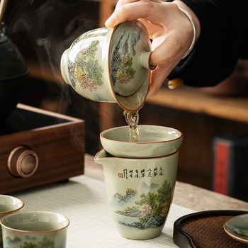 Set Gongfu de ceai din porțelan Dehua cu ceainic, capac și boluri — Motiv peisaj albastru-verzui pentru casă și birou