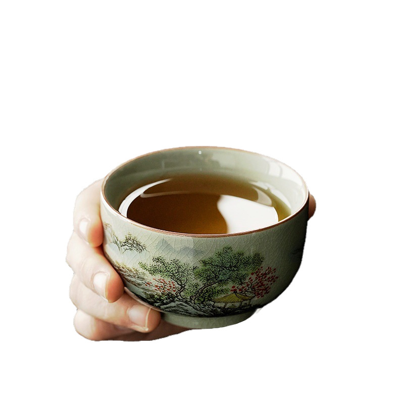 Set Gongfu de ceai din porțelan Dehua cu ceainic, capac și boluri — Motiv peisaj albastru-verzui pentru casă și birou