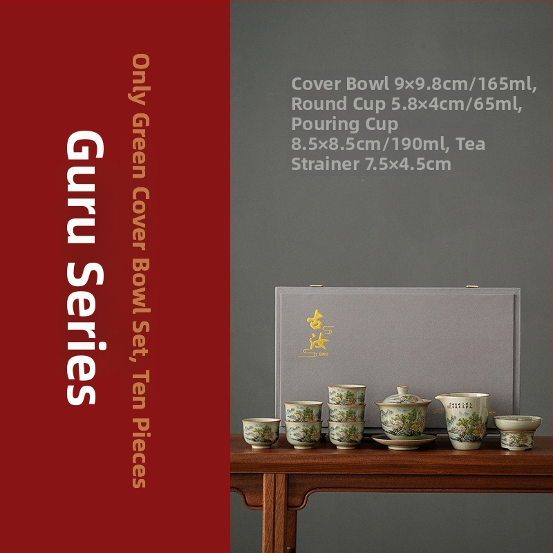 Set Gongfu de ceai din porțelan Dehua cu ceainic, capac și boluri — Motiv peisaj albastru-verzui pentru casă și birou