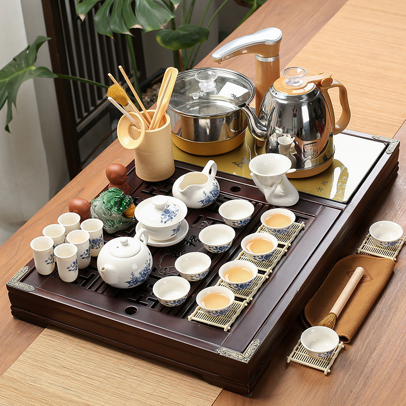 Set de ceai pentru casă, set complet pentru sufragerie cu masă de ceai în stil kung fu, alimentare automată cu apă și tavă de ceai cu atomizare, design minimalist