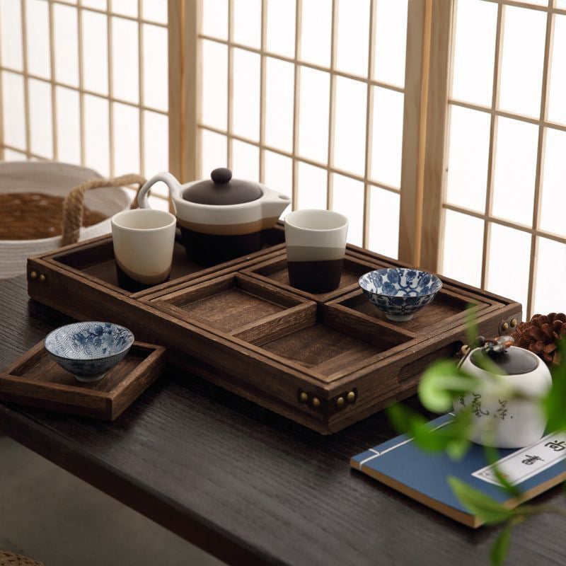 Tavă din lemn în stil japonez, dreptunghiulară, lemn masiv, pentru ceai și fructe, design vintage