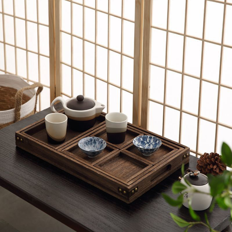 Tavă din lemn în stil japonez, dreptunghiulară, lemn masiv, pentru ceai și fructe, design vintage