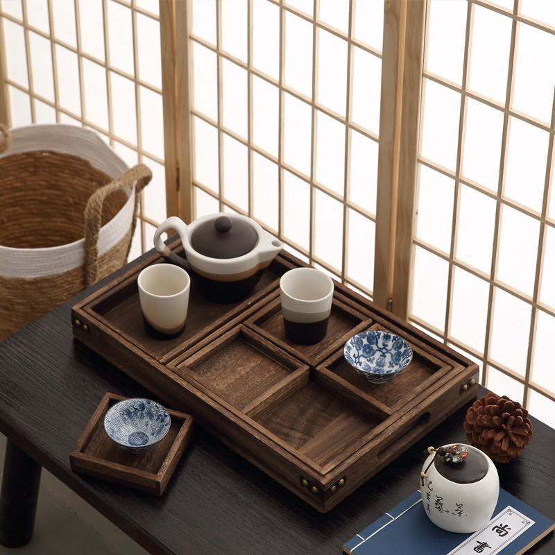 Tavă din lemn în stil japonez, dreptunghiulară, lemn masiv, pentru ceai și fructe, design vintage