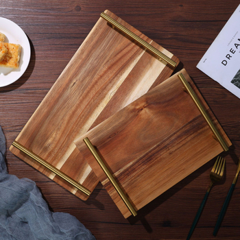 Tavă din lemn de acacia cu mâner metalic – tavă de servire minimalistă pentru restaurant, hotel, sushi, cină, deserturi și ceai de după-amiază