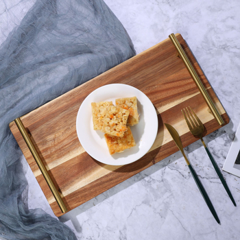 Tavă din lemn de acacia cu mâner metalic – tavă de servire minimalistă pentru restaurant, hotel, sushi, cină, deserturi și ceai de după-amiază