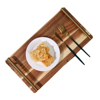 Tavă din lemn de acacia cu mâner metalic – tavă de servire minimalistă pentru restaurant, hotel, sushi, cină, deserturi și ceai de după-amiază