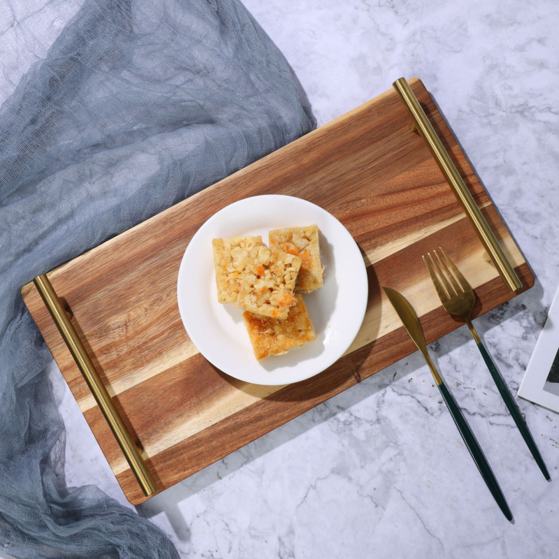 Tavă din lemn de acacia cu mâner metalic – tavă de servire minimalistă pentru restaurant, hotel, sushi, cină, deserturi și ceai de după-amiază