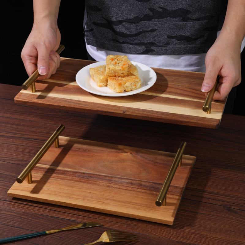 Tavă din lemn de acacia cu mâner metalic – tavă de servire minimalistă pentru restaurant, hotel, sushi, cină, deserturi și ceai de după-amiază
