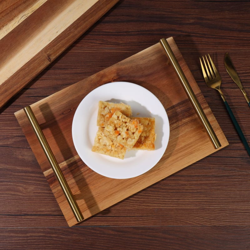 Tavă din lemn de acacia cu mâner metalic – tavă de servire minimalistă pentru restaurant, hotel, sushi, cină, deserturi și ceai de după-amiază