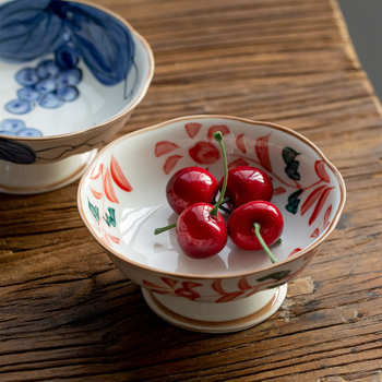 Vas ceramic japonez Mino ware cu motiv floral roșu, farfurie înaltă pentru ceai, gustări și desert, farfurie retro de fructe