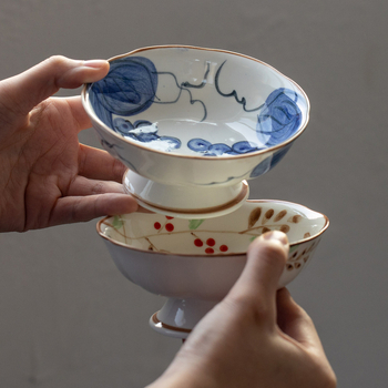 Vas ceramic japonez Mino ware cu motiv floral roșu, farfurie înaltă pentru ceai, gustări și desert, farfurie retro de fructe