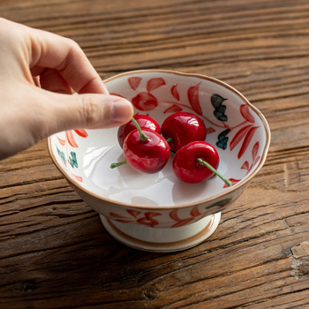 Vas ceramic japonez Mino ware cu motiv floral roșu, farfurie înaltă pentru ceai, gustări și desert, farfurie retro de fructe