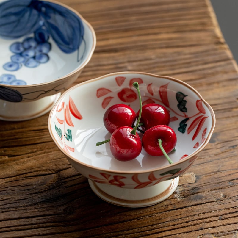 Vas ceramic japonez Mino ware cu motiv floral roșu, farfurie înaltă pentru ceai, gustări și desert, farfurie retro de fructe