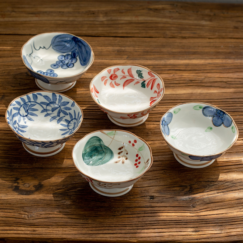 Vas ceramic japonez Mino ware cu motiv floral roșu, farfurie înaltă pentru ceai, gustări și desert, farfurie retro de fructe