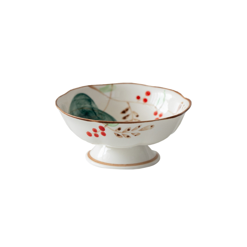 Vas ceramic japonez Mino ware cu motiv floral roșu, farfurie înaltă pentru ceai, gustări și desert, farfurie retro de fructe