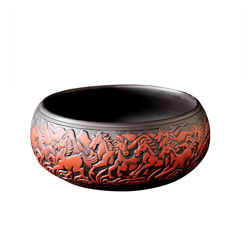 Set Gongfu de ceai din lut Yixing purpuriu, motiv bicolor cu opt cai, 6 inch, stil antic; include ceainic, ceașcă și vas de clătire a ceaiului