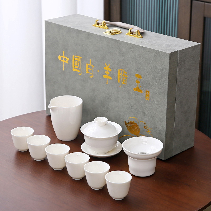 Auspicious Gongfu ceai set din porțelan alb – minimalist pentru șase persoane, cu imprimare a logo-ului