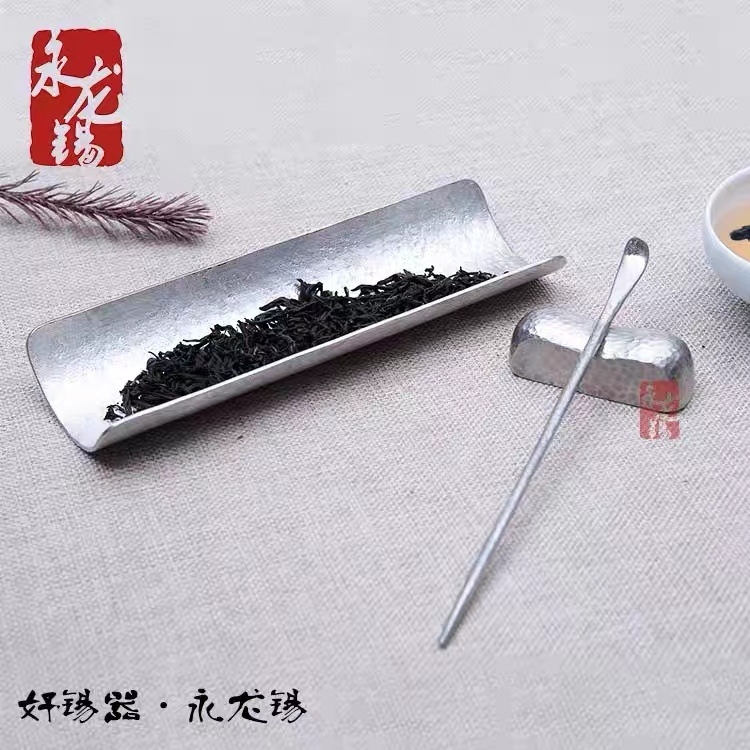 Set de ceai din tin pur, lucrat manual, 3 piese, lingură de ceai pentru ceremonia Gongfu, stil japonez