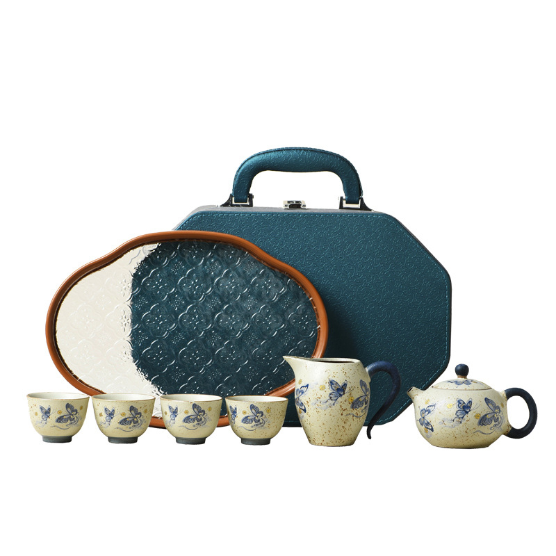 Set de ceai Xishi cu fluture albastru: 1 ceainic, 4 cești, cană comună, tavă de ceai, geantă de călătorie, cadou, logo personalizat, en gros