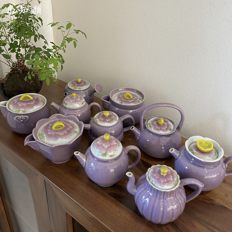 Ceainic ceramic pictat manual cu bujor, pentru ceai Gongfu, protecție la arsură, hibiscus purpuriu, ceainic de uz casnic cu mâner lateral
