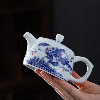 Ceainic ceramic Kung Fu, porțelan albastru-alb, mic, 250 ml, pictat manual, stil simplu