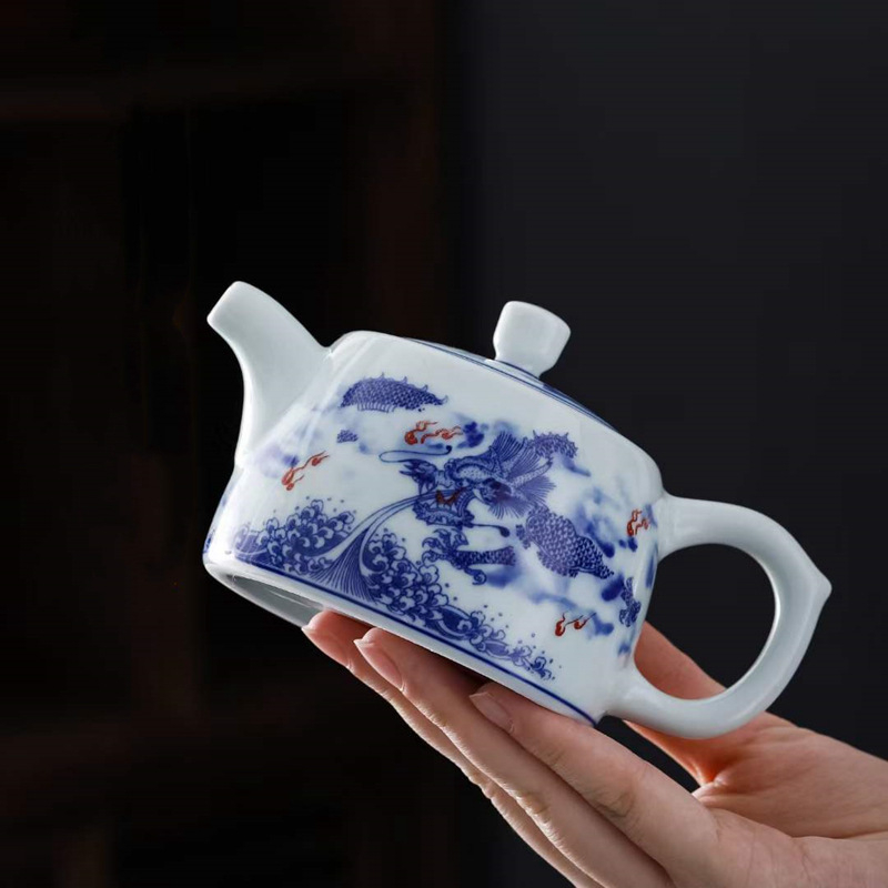 Ceainic ceramic Kung Fu, porțelan albastru-alb, mic, 250 ml, pictat manual, stil simplu