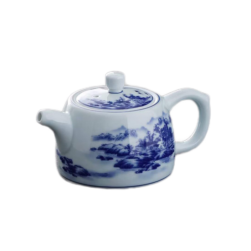 Ceainic ceramic Kung Fu, porțelan albastru-alb, mic, 250 ml, pictat manual, stil simplu