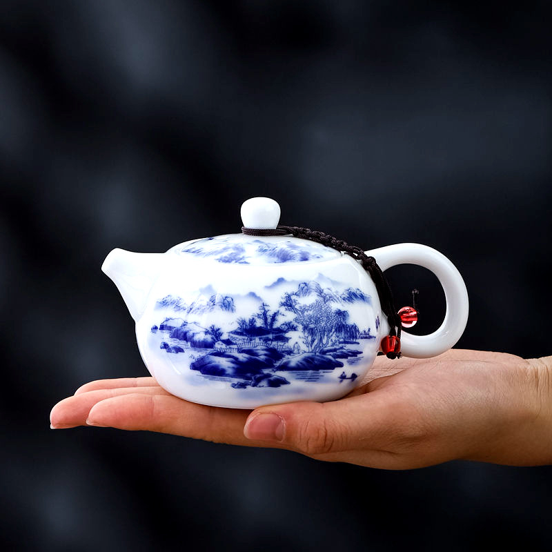 Ceainic ceramic Kung Fu, porțelan albastru-alb, mic, 250 ml, pictat manual, stil simplu