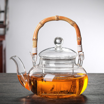 Set ceainic din sticlă borosilicată de înaltă calitate, cu design îngroșat, mâner din bambus și filtru pentru prepararea ceaiului acasă