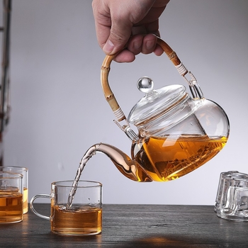 Set ceainic din sticlă borosilicată de înaltă calitate, cu design îngroșat, mâner din bambus și filtru pentru prepararea ceaiului acasă