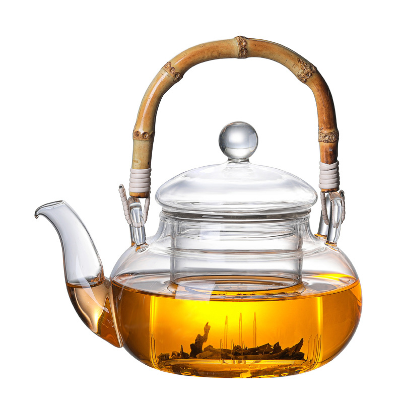 Set ceainic din sticlă borosilicată de înaltă calitate, cu design îngroșat, mâner din bambus și filtru pentru prepararea ceaiului acasă