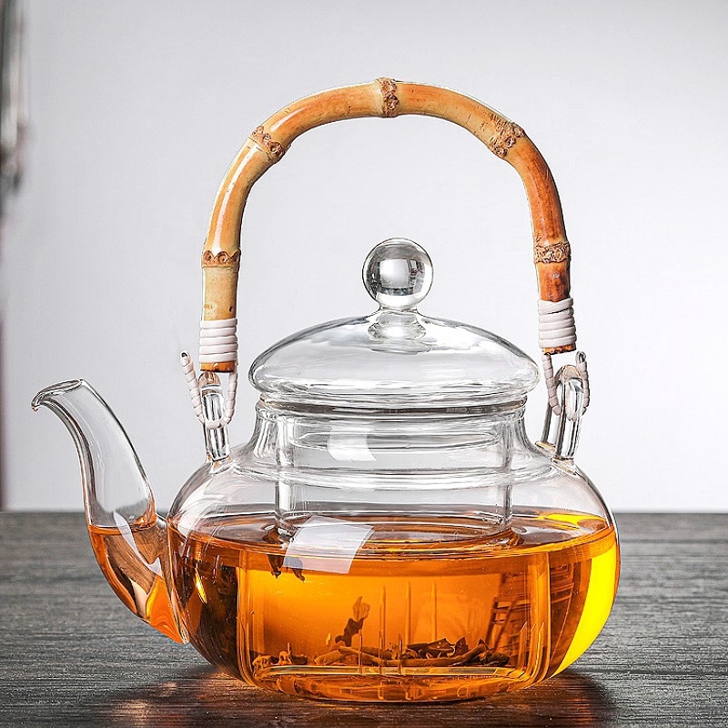 Set ceainic din sticlă borosilicată de înaltă calitate, cu design îngroșat, mâner din bambus și filtru pentru prepararea ceaiului acasă