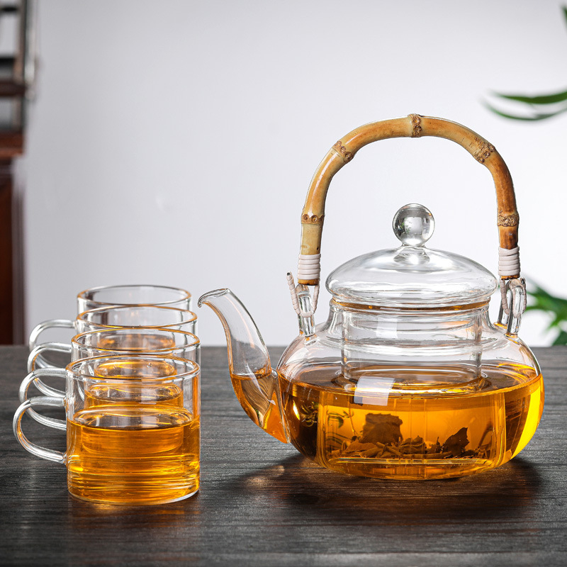 Set ceainic din sticlă borosilicată de înaltă calitate, cu design îngroșat, mâner din bambus și filtru pentru prepararea ceaiului acasă