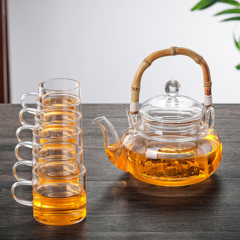 Set ceainic din sticlă borosilicată de înaltă calitate, cu design îngroșat, mâner din bambus și filtru pentru prepararea ceaiului acasă