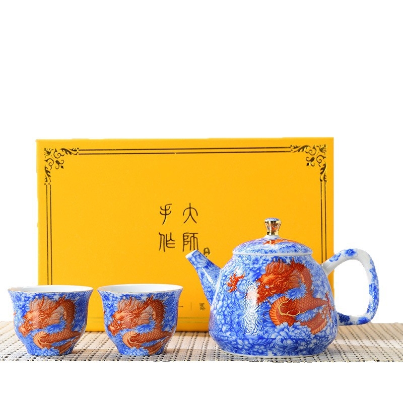 Set de ceai emailat din porțelan, ceainic și două cești, pentru călătorii, în stil palat, cu flori pastel, Anul Dragonului, cutie cadou