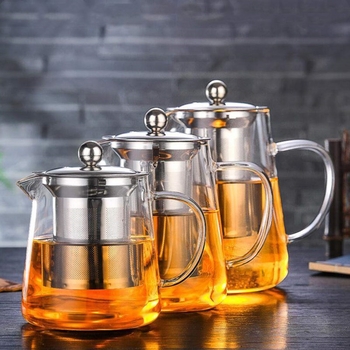 Ceainic din sticlă borosiliată, rezistent la căldură, cu design triunghiular și filtru din oțel inoxidabil