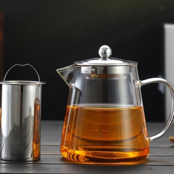 Ceainic din sticlă borosiliată, rezistent la căldură, cu design triunghiular și filtru din oțel inoxidabil