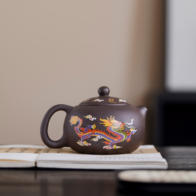 Ceainic din lut purpuriu cu schimbare de culoare la încălzire, motiv Dragon și Phoenix, set Kung Fu pentru uz casnic, oală cu două cești, protecție împotriva arderilor