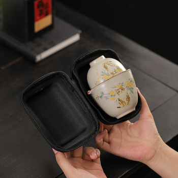 Set Gongfu de ceai din ceramică Ru Kiln, 1 ceainic și 3 cești, portabil pentru camping și călătorii, cadou personalizabil