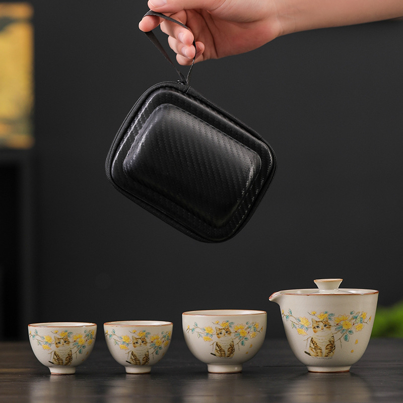 Set Gongfu de ceai din ceramică Ru Kiln, 1 ceainic și 3 cești, portabil pentru camping și călătorii, cadou personalizabil