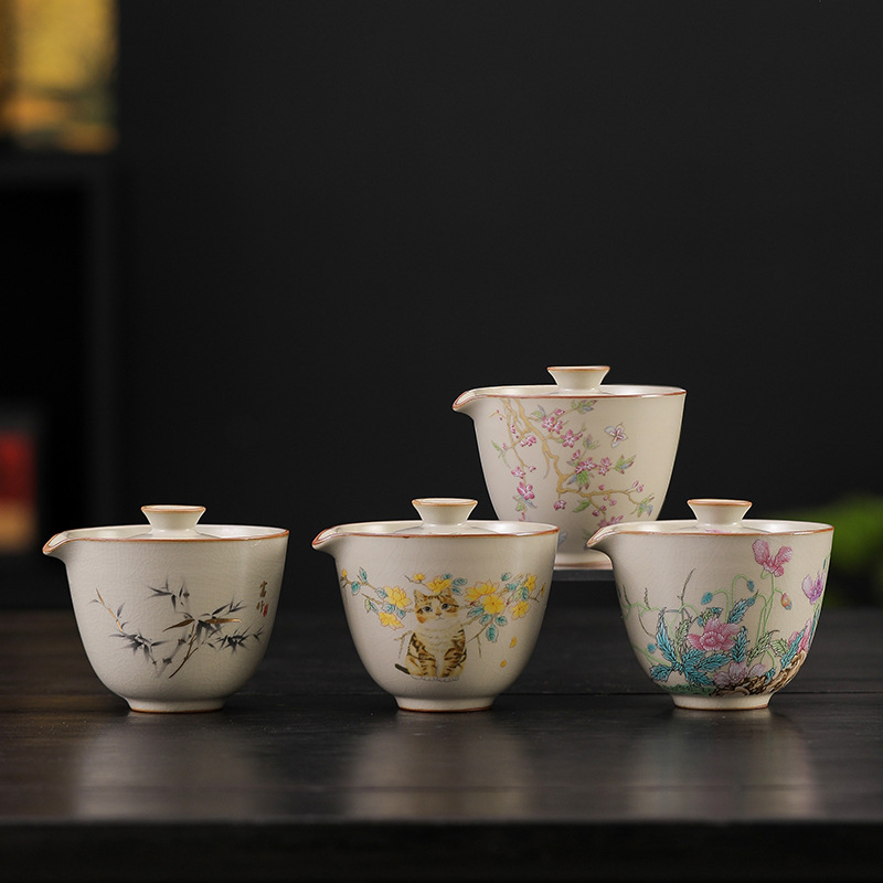 Set Gongfu de ceai din ceramică Ru Kiln, 1 ceainic și 3 cești, portabil pentru camping și călătorii, cadou personalizabil