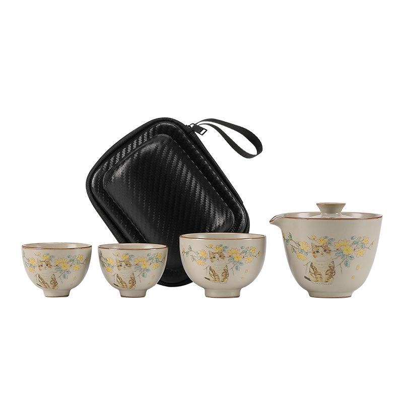Set Gongfu de ceai din ceramică Ru Kiln, 1 ceainic și 3 cești, portabil pentru camping și călătorii, cadou personalizabil