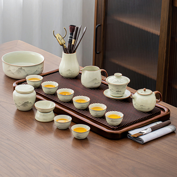 Set de ceai ceramic Ru kiln cu ceainică Xi Shi, glazură ceramică, capacitate pentru 6 persoane, include tavă de ceai, personalizabil, pentru uz casnic, stil național chinez nou