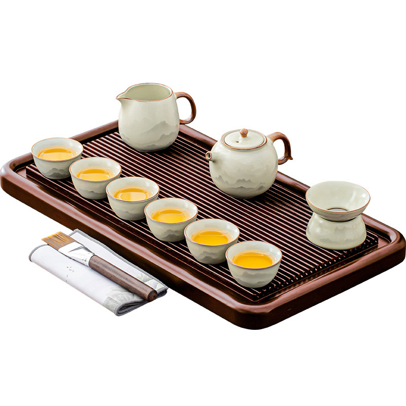 Set de ceai ceramic Ru kiln cu ceainică Xi Shi, glazură ceramică, capacitate pentru 6 persoane, include tavă de ceai, personalizabil, pentru uz casnic, stil național chinez nou