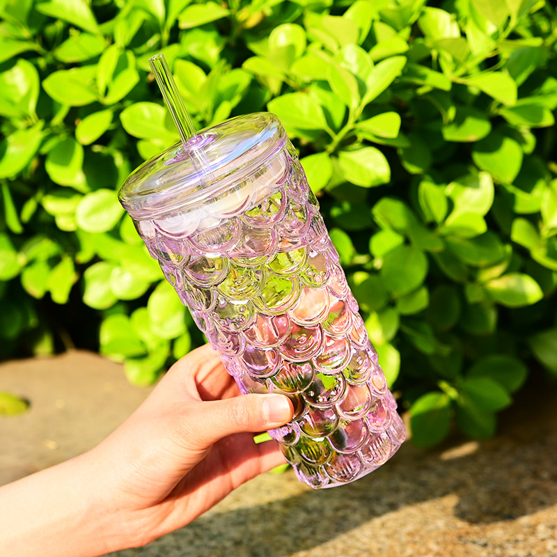 Pahar din sticlă borosilicat cu capac și pai, rezistent la temperaturi înalte, capacitate mare, model colorat cu solzi de pește